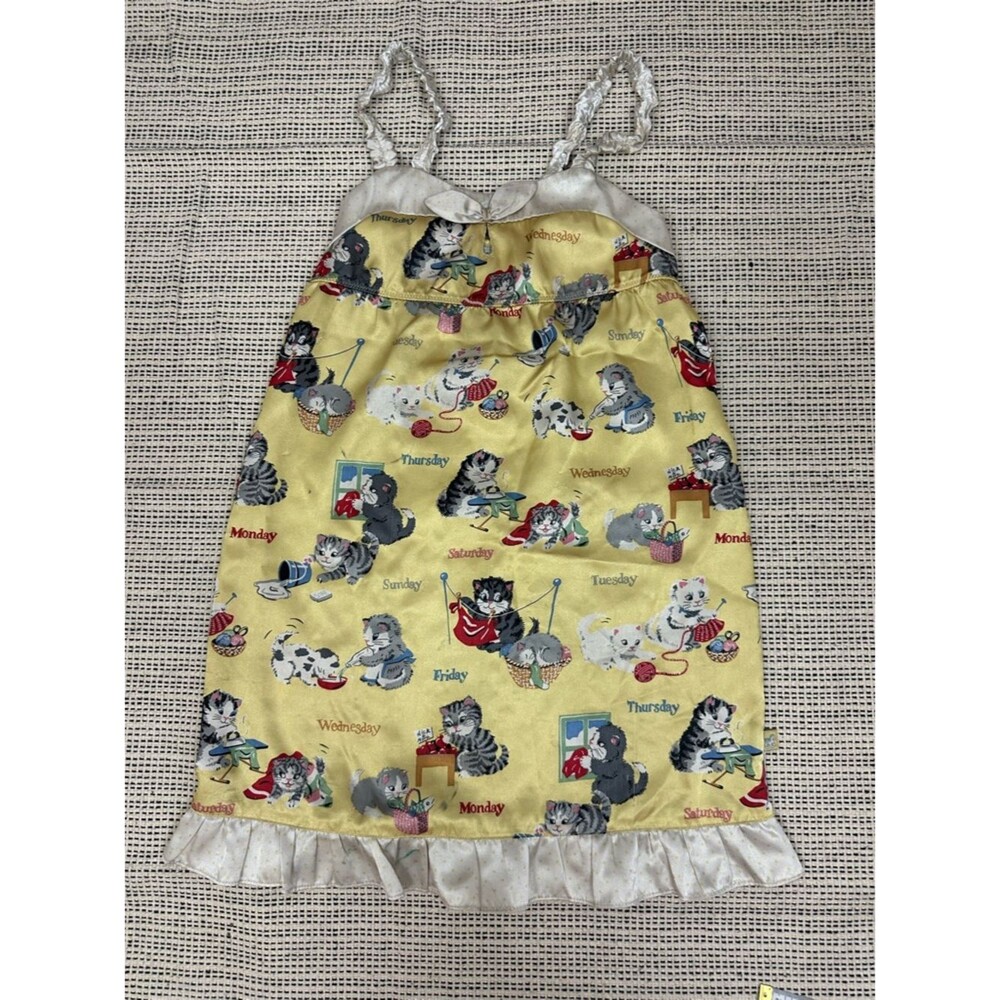 Nick & Nora Girls Yellow Cat Kittens Satin Nightgown Pajama Dress 7/8
